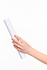 Image showing The cylinder female hands on white background