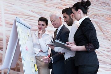 Image showing business people group brainstorming and taking notes to flipboar