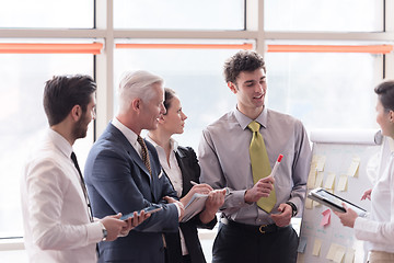 Image showing young startup businessman making presentation to senior investio