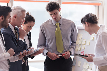 Image showing young startup businessman making presentation to senior investio