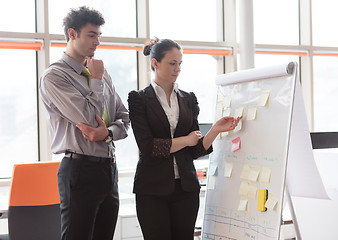 Image showing young couple working on flip board at office