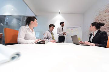 Image showing business people group brainstorming and taking notes to flip boa