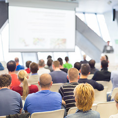 Image showing Male speeker having talk at public event.