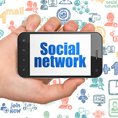 Image showing Social media concept: Hand Holding Smartphone with Social Network on display