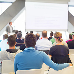 Image showing Male speeker having talk at public event.