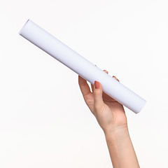 Image showing The cylinder female hands on white background