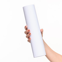 Image showing The cylinder female hands on white background