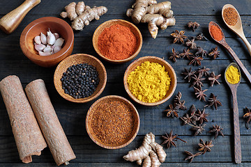 Image showing Colorful spice powder, chilli, pepper, turmeric, cashew 