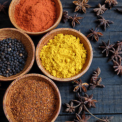 Image showing Colorful spice powder, chilli, pepper, turmeric, cashew 