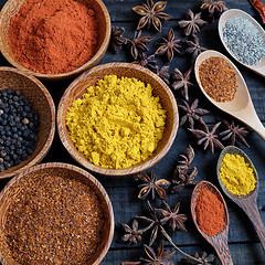 Image showing Colorful spice powder, chilli, pepper, turmeric, cashew 