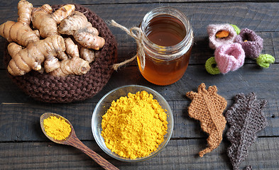 Image showing Turmeric powder, honey, healthy food, cosmetic