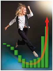 Image showing Businesswoman runing up a stairway and growing sales chart