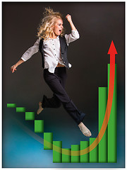 Image showing Businesswoman runing up a stairway and growing sales chart