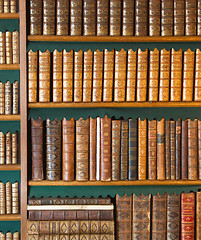 Image showing Bookshelf. Vintage books collection, antique book textured cover