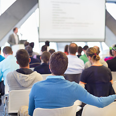 Image showing Male speeker having talk at public event.