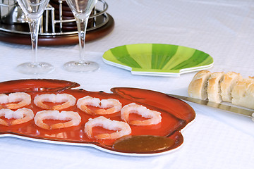 Image showing Shrimp Plate with Sliced Bread and Cocktail Set