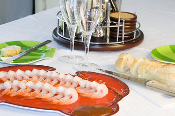 Image showing Shrimp Plate with Sliced Bread and Cocktail Set