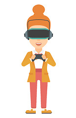 Image showing Woman wearing virtual reality headset.