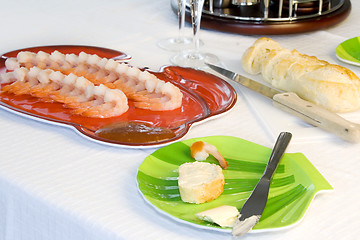 Image showing Shrimp Plate with Sliced Bread and Cocktail Set