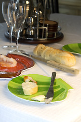 Image showing Shrimp Plate with Sliced Bread and Cocktail Set