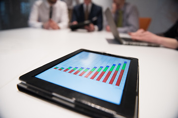 Image showing close up of touchpad with analytics documents at business meetin