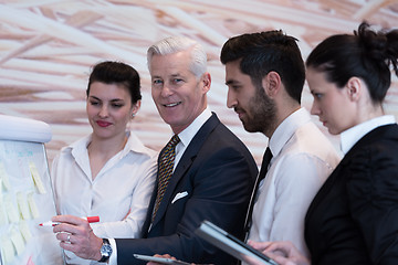 Image showing business people group brainstorming and taking notes to flipboar