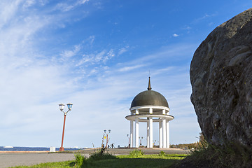 Image showing Rock and rotunda on city lake quay