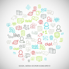 Image showing Social media Multicolor doodles Hand Drawn Social Network Icons set on White. EPS10 vector illustration.