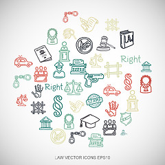 Image showing Law Multicolor doodles Hand Drawn Law Icons set on White. EPS10 vector illustration.