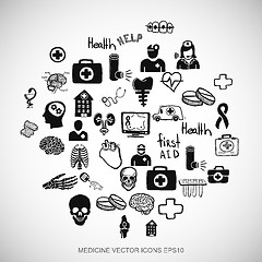 Image showing Healthcare Black doodles Hand Drawn Medicine Icons set on White. EPS10 vector illustration.