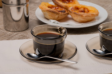 Image showing Portuguese Custard Tarts with Coffee