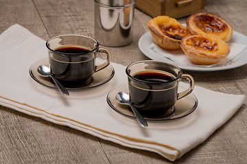 Image showing Portuguese Custard Tarts with Coffee