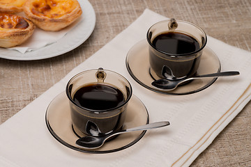 Image showing Portuguese Custard Tarts with Coffee