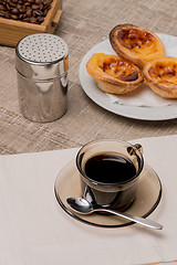 Image showing Portuguese Custard Tarts with Coffee