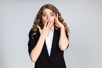 Image showing Portrait of young woman with shocked facial expression