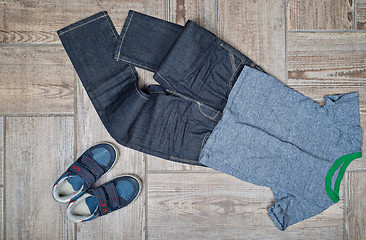 Image showing Flat lay photo of boy\'s casual outfit. 