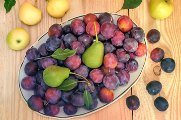 Image showing Fruit in a ceramic dish on a wooden table.