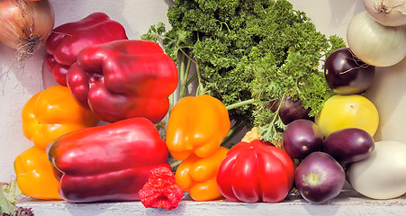 Image showing Vegetable harvest is sold at the fair.