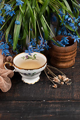 Image showing Tea with  lemon and bouquet of  blue primroses on the table