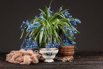 Image showing Tea with  lemon and bouquet of  blue primroses on the table