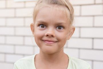 Image showing Portrait of a smiling girl six years against a background of a brick wall