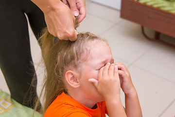 Image showing The little girl was crying when she braided long hair