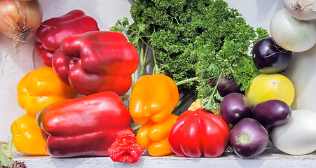 Image showing Vegetable harvest is sold at the fair.