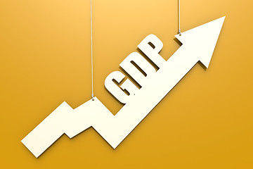 Image showing White arrow with GDP word hang on yellow background