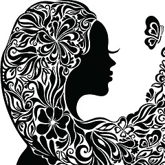 Image showing Fashion line art silhouette of a young woman with flowers in her hair