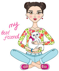 Image showing Beautiful cute vector girl with white cat