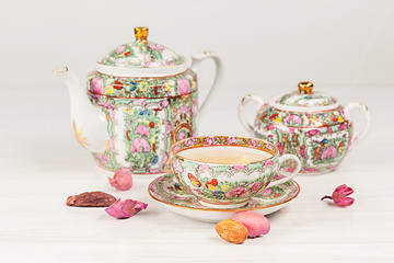 Image showing Tea and porcelain set on the table