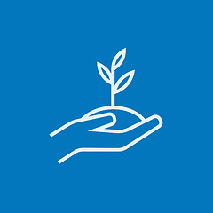 Image showing Hands holding seedling in soil line icon.