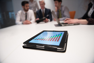 Image showing close up of touchpad with analytics documents at business meetin