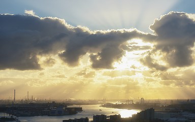 Image showing Industrial zone at sunset